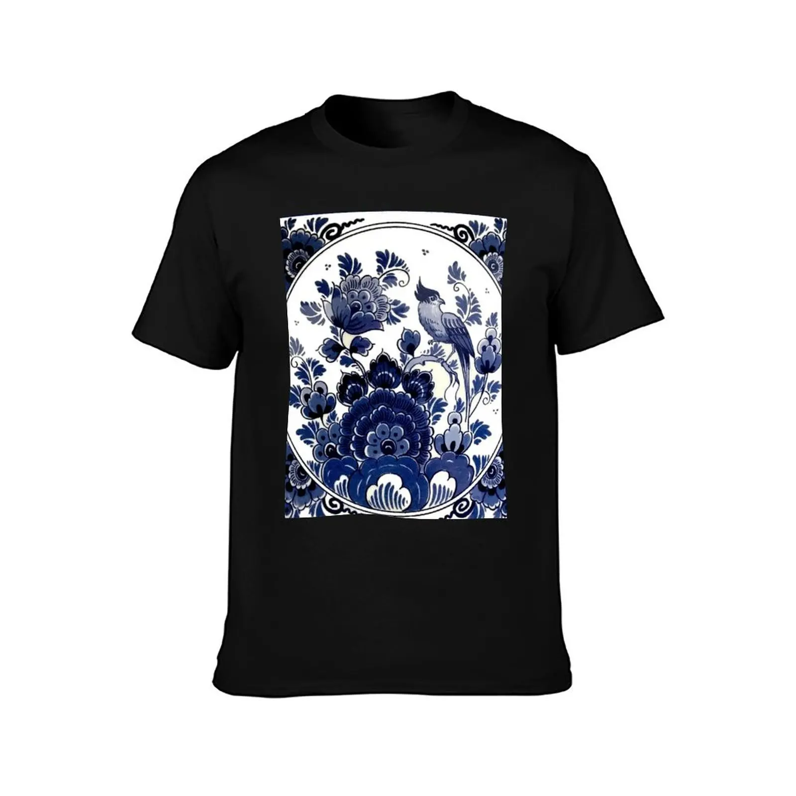 DUTCH BLUE DELFT : Vintage Blue Bird and Flowers Print T-Shirt boys animal print anime tshirt new edition mens cotton t shirts