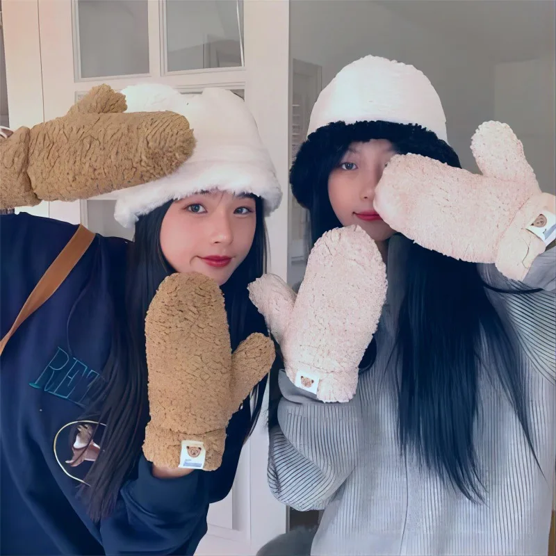 Lamb Velvet Bear Hanging Neck Cute Winter Gloves Riding Plush Thickened Cold-proof Furry Sweet Lovely Fingerless Gloves Women