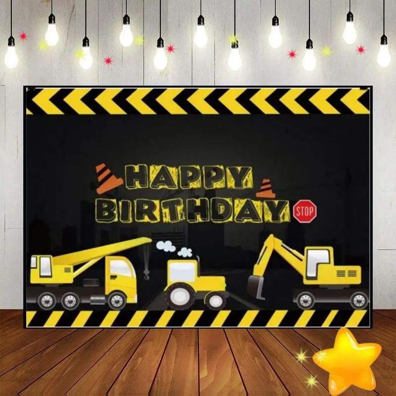 Construction Machinery Bulldozer Background Custom Birthday Backdrop Press Machine Decoration Mixing Plant Photo Crane Crusher