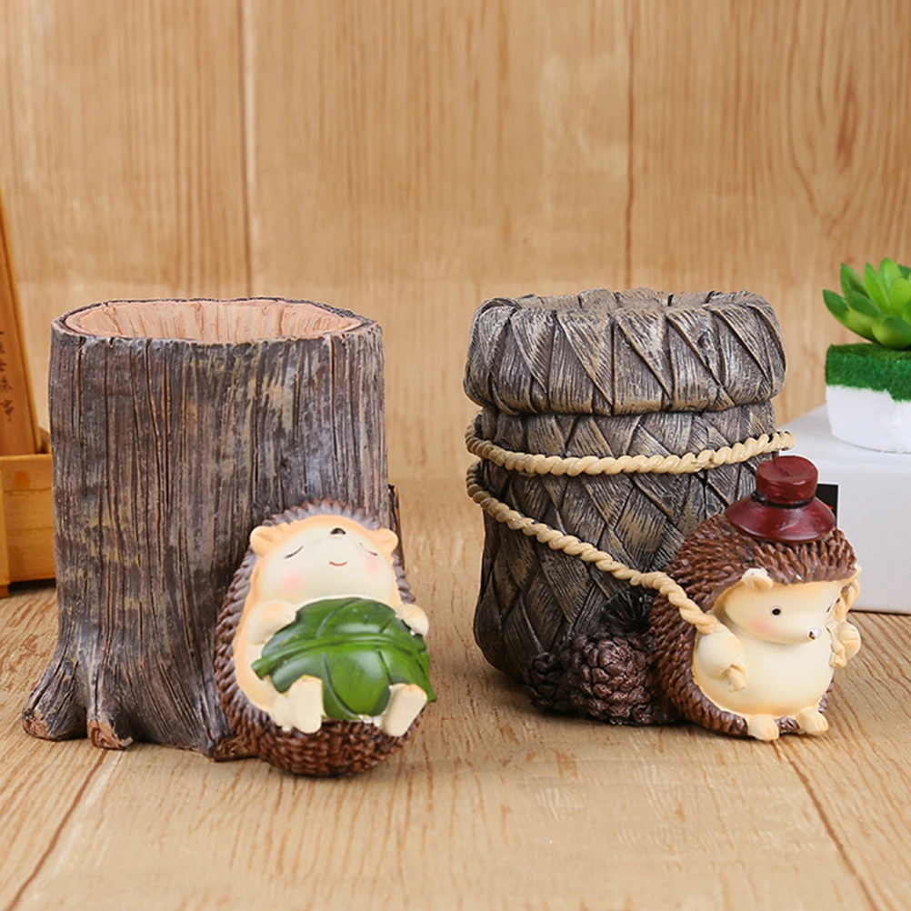 

Resin Storage Hedgehog Pen Holder Children's Day Gifts Pen Decoration Crafts Desktop Storage Miniatures(Green Leaves)