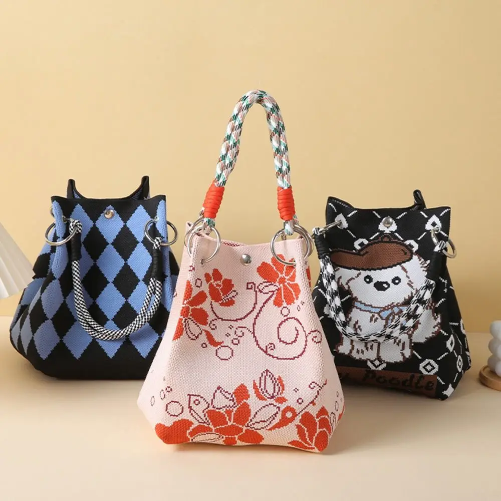 Tragbare Cartoon-Strick-Eimertasche, handgefertigt, große Kapazität, Umhängetasche, gewebte Ringverschluss-Tragetasche für Damen und Mädchen – Detail 3