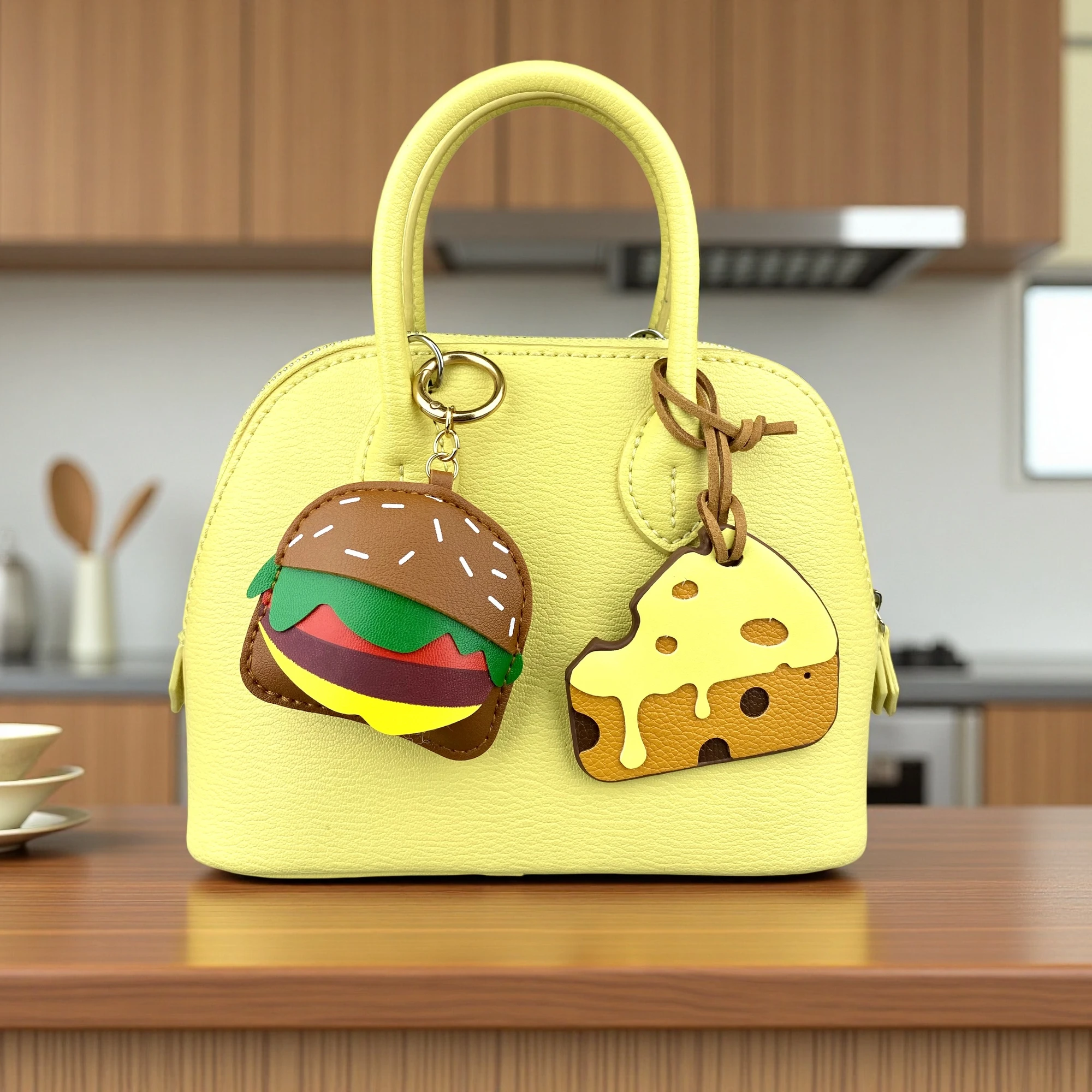Adorable PU Leather Food Keychain, Cute Coffee Cup, Burger, Cheese Slice & Fried Egg Pendant, Realistic Breakfast Charm, Gift view 6