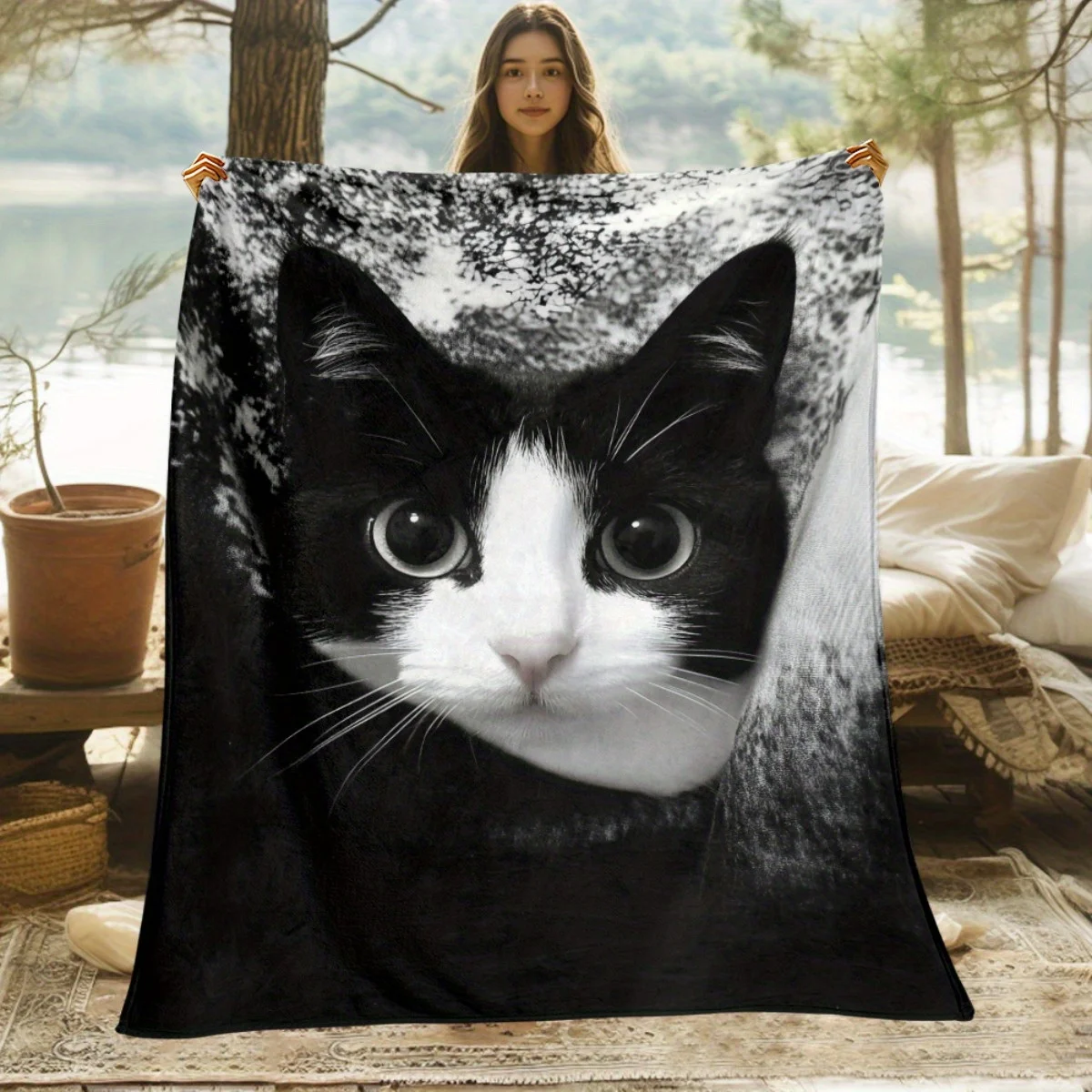 Manta de Forro Polar con Estampado de Cara de Gatito en Blanco y Negro, Suave y Acogedora para Todas las Estaciones