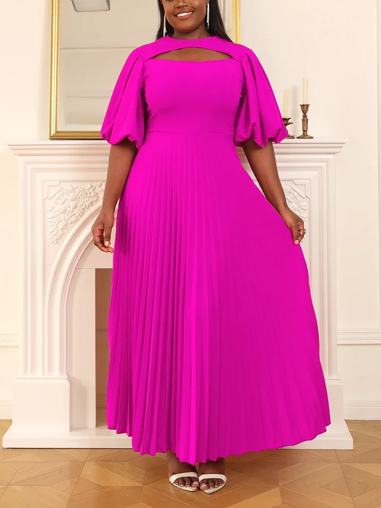 Summer Fuchsia Pleated Dress for Evening Night Crew Neck Chest Cut Out A Line Flowy Dresses Elegant Plus Size Events Gowns