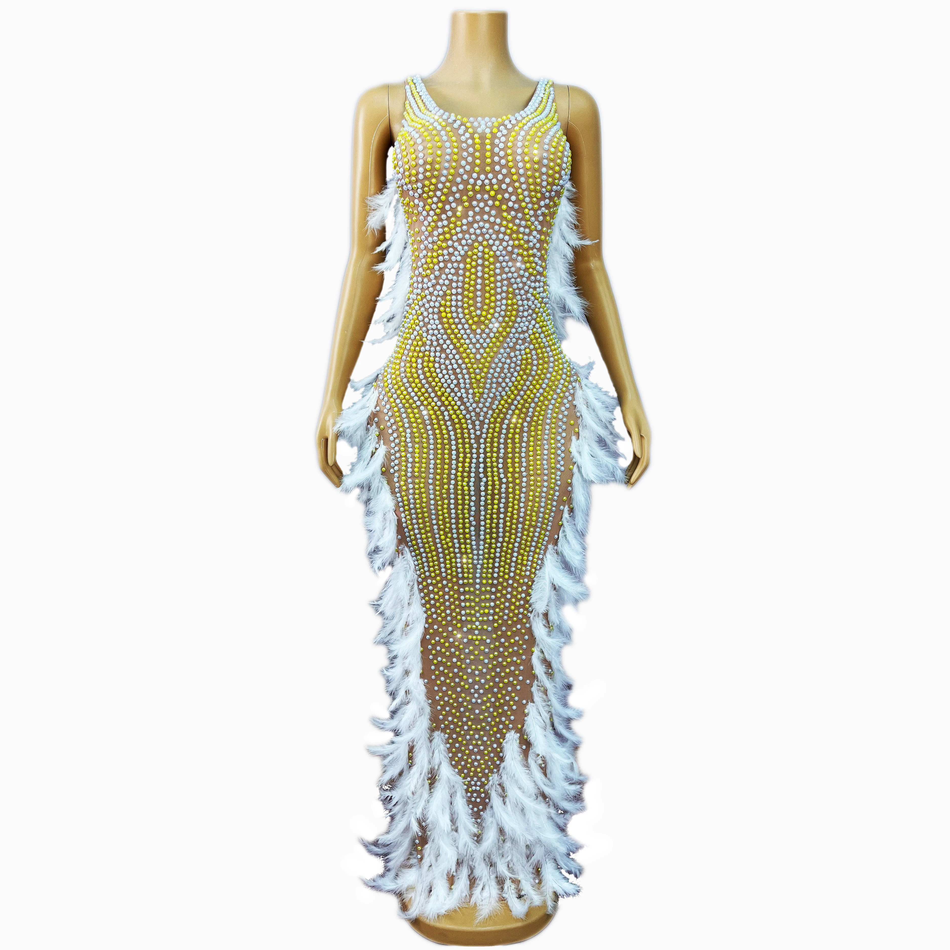 High-end Shiny Pearls Handmade Feather Mesh Dress Evening Cocktail party Elegant Gown FashionShow Red carpet Stage Outfit Zhuhai