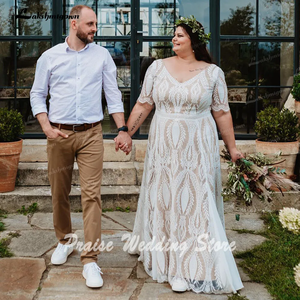 Lakshmigown półrękaw koronkowa Plus Size artystyczna Boho weselny sukienka z dekoltem w szpic 2024 suknia ślubna na zamówienie szlafrok de mariée bohêm