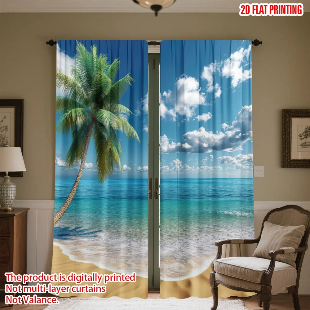 

2D flat printing 2pcs Party Curtain Sunny Beach Palm Scene Digital Printed Polyester Drapes Festive Holiday for Photo Booths
