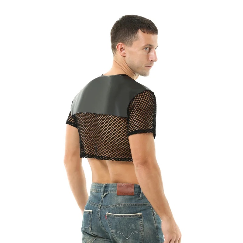 Sexy Men PU Leather Mesh Tops See Through Cropped T-shirts Male Transparent Fishnet Tee Short Sleeve Shirts Night Clubwear S-XL