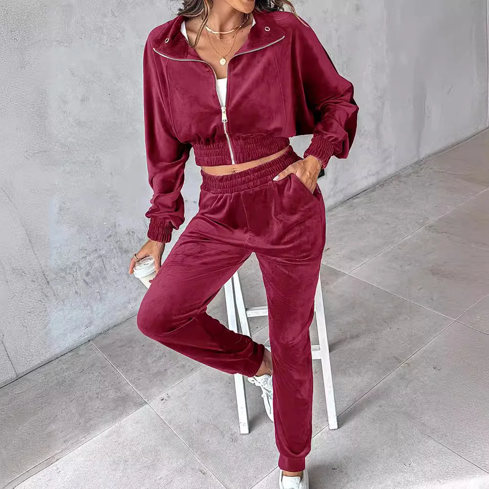 Zipper Velvet Hoodie Sweatshirt Casual Sport Pants Suit Women 2pcs Clothes Set Solid Color