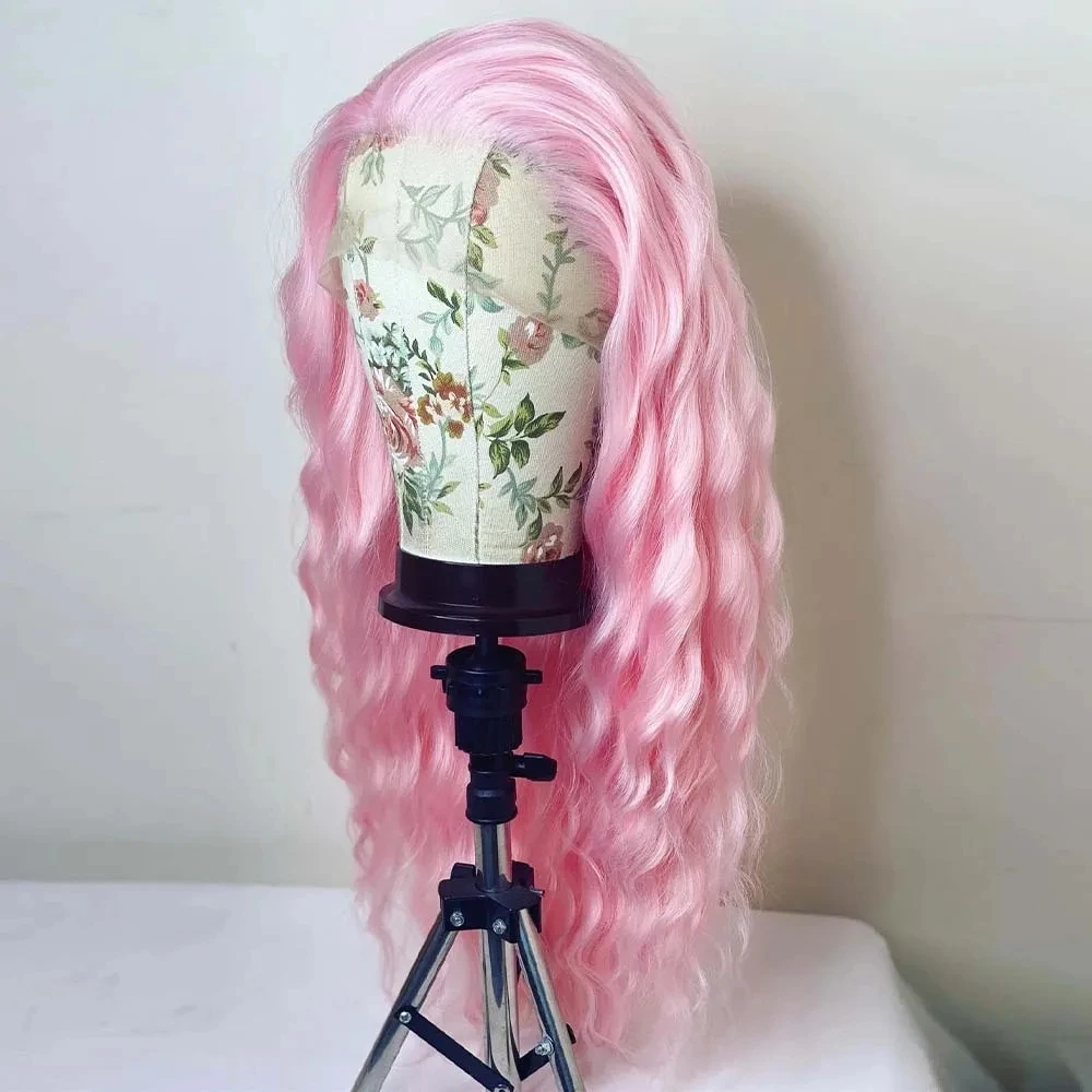 MXWIGS Deep Wave Pink Color Synthetic Lace Front Wigs with Free Part Natural Hairline Long Wavy Wigs Daily Use Wigs