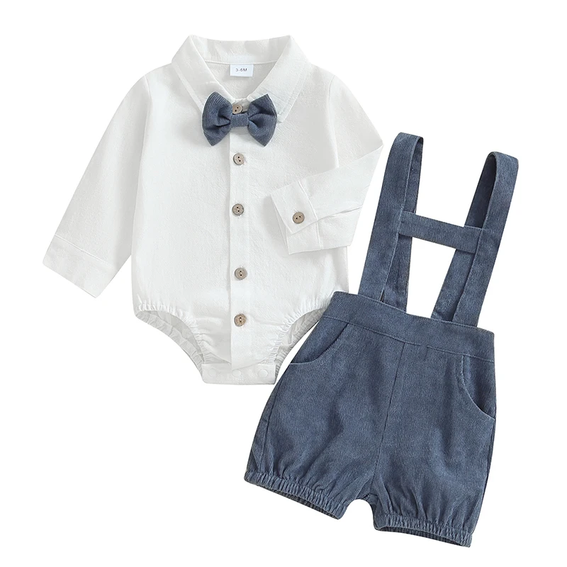 

Baby Boy Gentleman Suit Button-up Bow Tie Long Sleeve Lapel Neck Romper Corduroy Overall Shorts Set 2-Piece Outfits