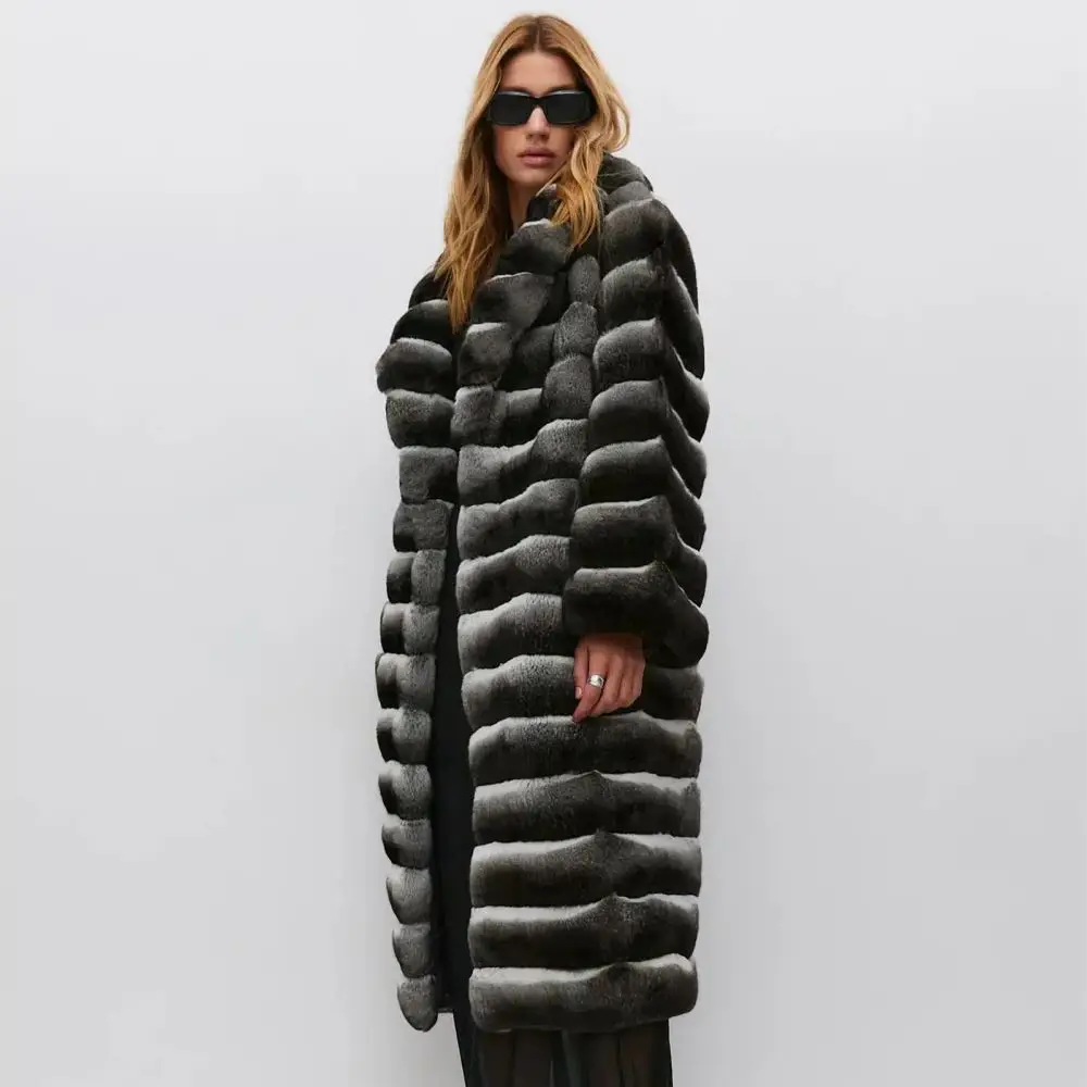 Winter Luxus Chinchilla Langen Mantel Frauen Echt Rex Kaninchen Fell Mantel Mode Elegante Echte Natürliche Pelz Dicke Oberbekleidung