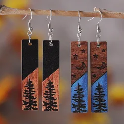 New Western Style Scenery Pine Tree Star Moon Rectangular Pendant Earrings Women Bohemian Wooden Earrings Decoration Gift
