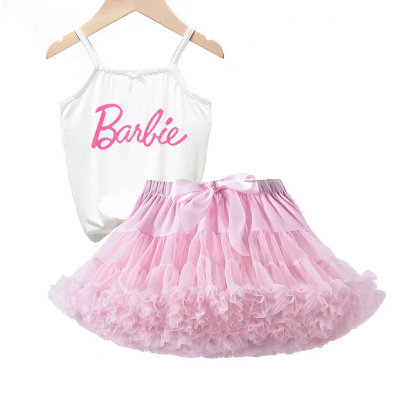 European American Barbie Girls Suspender Half-Length Princess Skirt Suit Sweet Cute Sleeveless Top Mesh Tutu Skirt Two-Piece Set