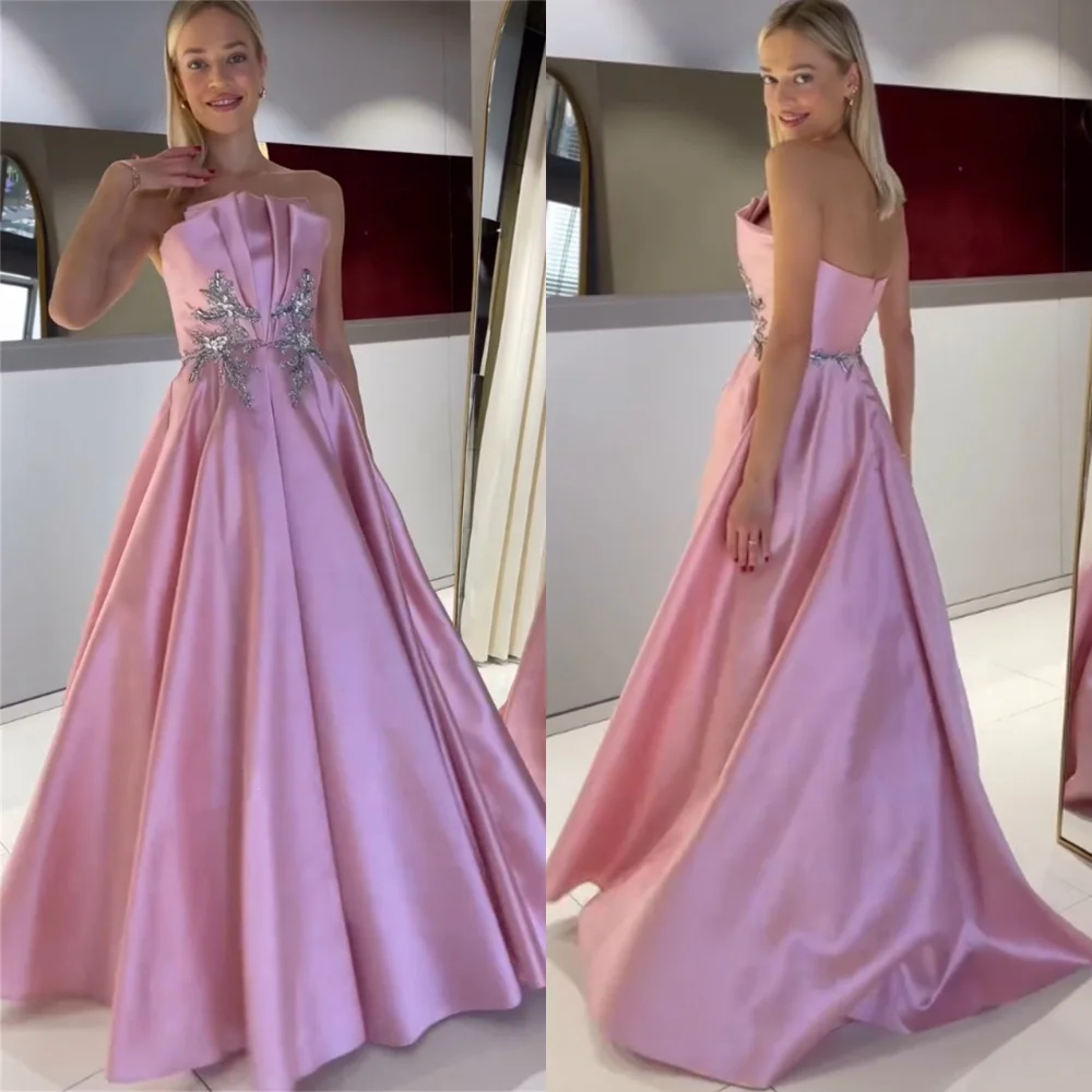 

Jiayigong Satin Applique Sequined Draped Homecoming A-line Strapless Bespoke Occasion Gown Long Dresses Saudi Arabia