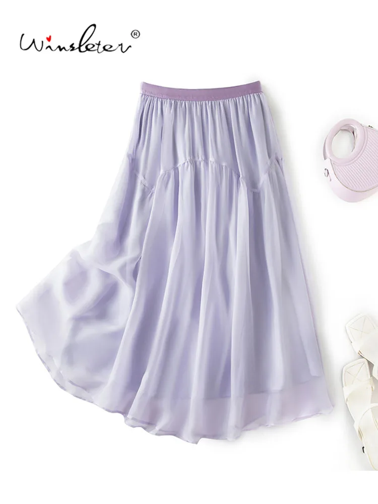 Winsleter-8MM 100%Silk Elegant Skirts, Elastic Waist Ruffles, Women Vacation Party Thin A-line Skirt, 2026 Autumn New B68442CC