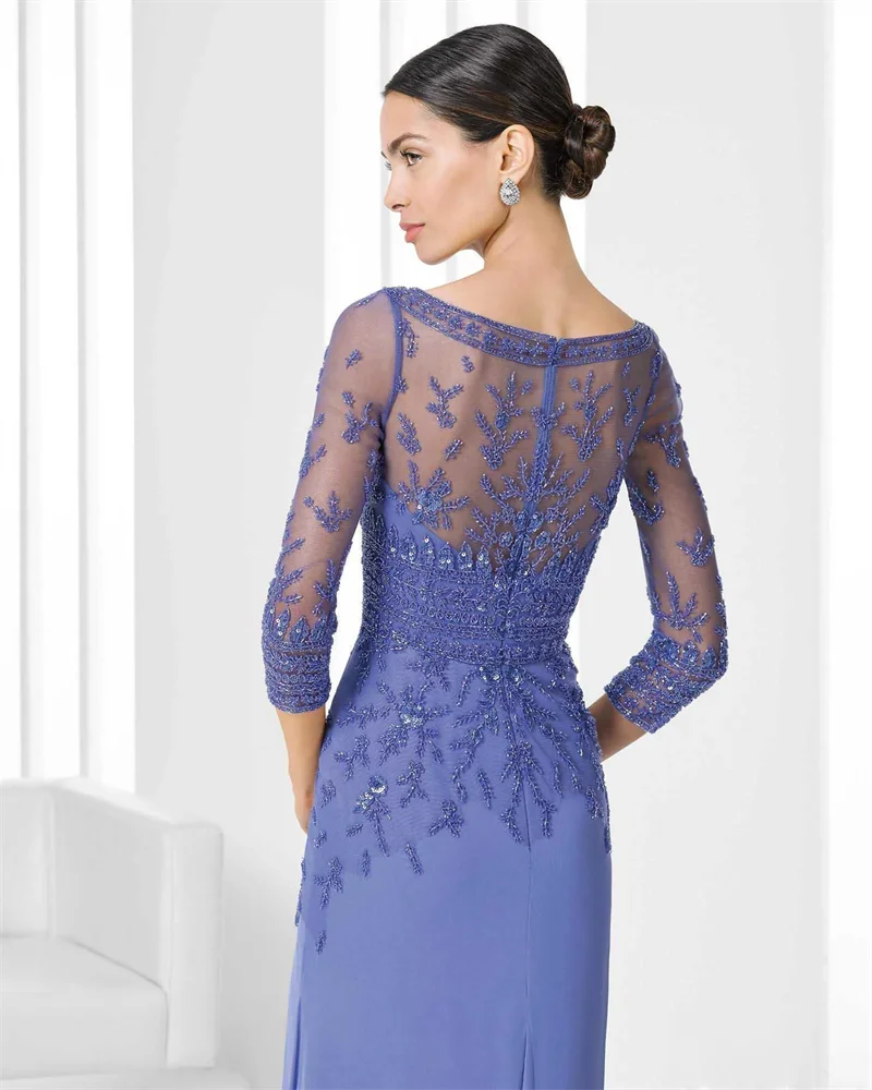 personalizzato 2024 Abiti per la madre della sposa Gioiello 3/4 maniche lunghe Illusion Appliqued Paillettes Perline Abito per la madre Lunghezza pavimento