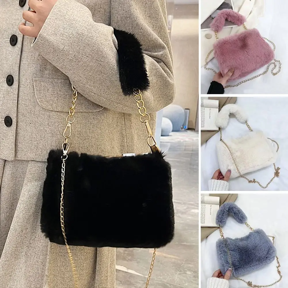 

Casual Soft Shoulder Bags Solid Color Chain Underarm Bag Fluffy Handbag Winter
