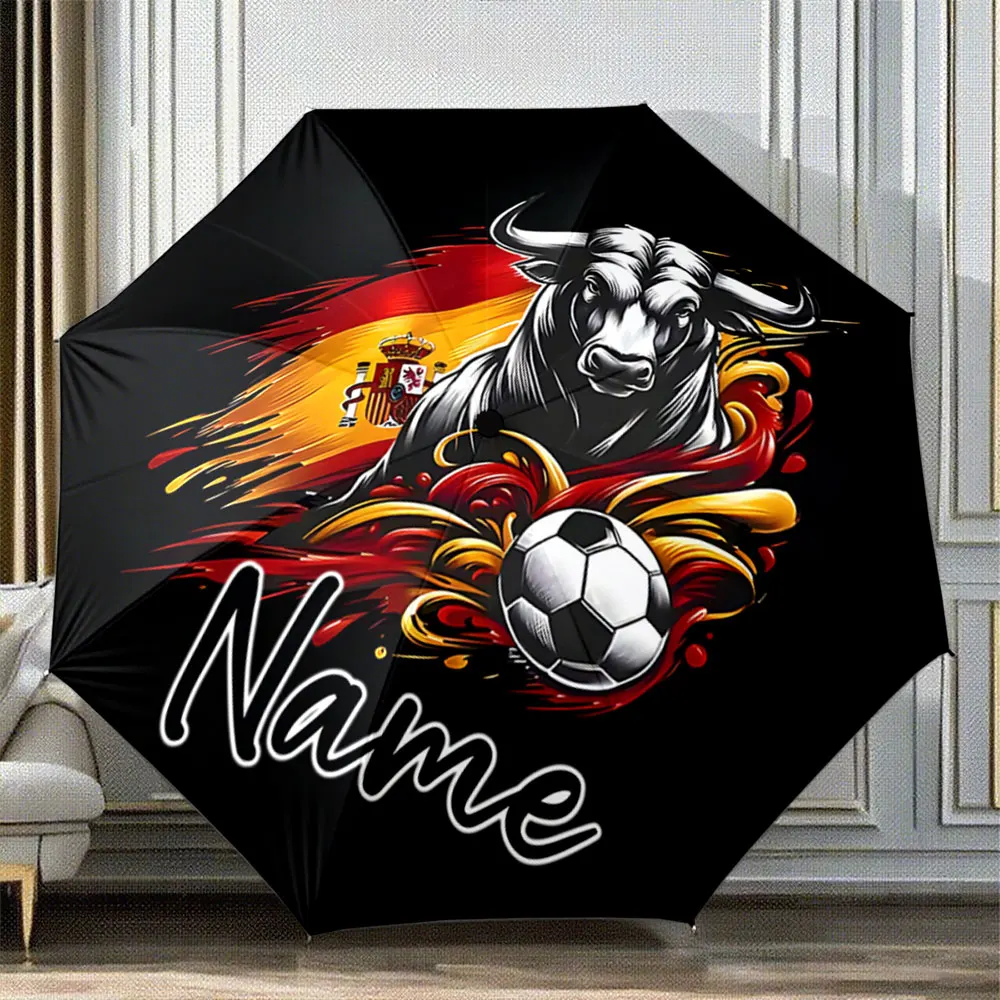 Custom Name Umbrella Spanish Bull and Football with Flag Motif 8 Iron Ribs Folding Umbrella Auto-Open Fashion Sunshade