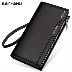Men's Business Wallet Genuine Leather RFID Large Capacity Handbag with Zipper Coin Pocket