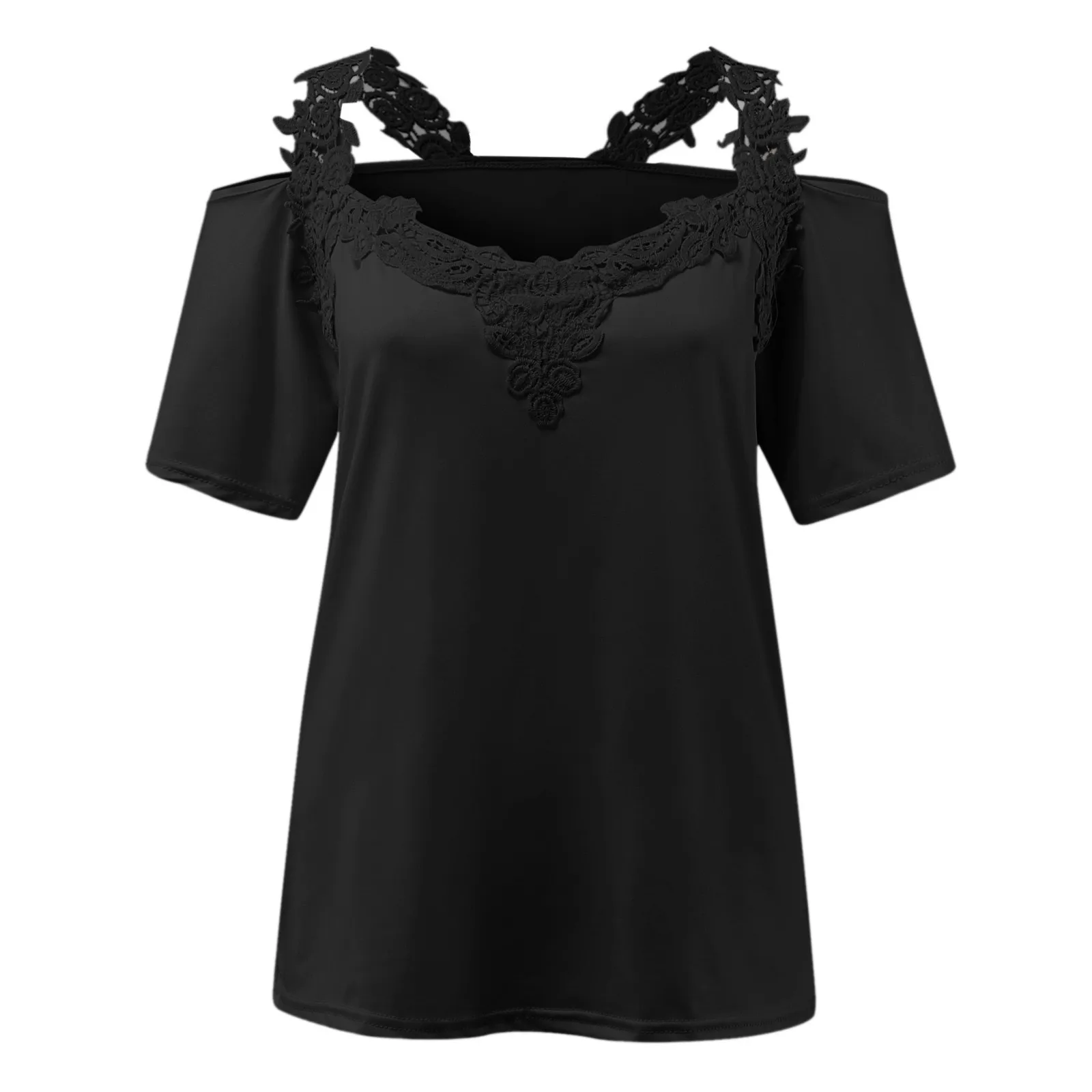 Women\'s Off Shoulder Lace Patchwork Sexy Solid Color V Neck Short Sleeved T-shirt Blouse Loose Casual Tunic Tops For Women