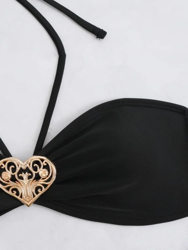 2025 Frauen Sexy Herz Druck Bikini Set Halter Push-Up Hohe Taille Badeanzug Schwarz Plissee Designer Badeanzug Urlaub Bademode