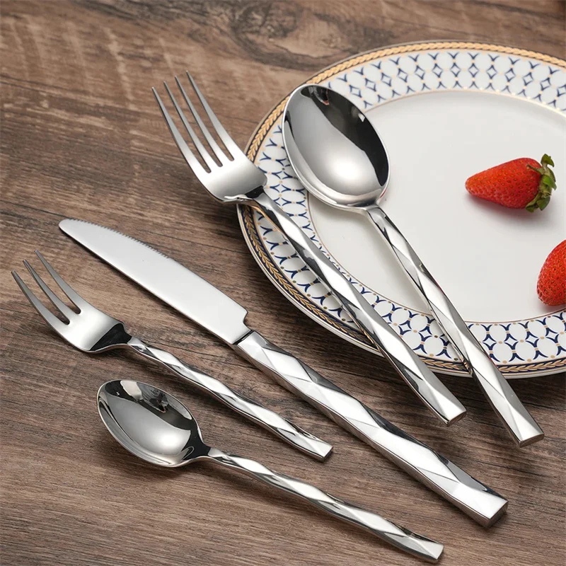Forged Thickened 304 Stainless Steel Dining Set Diamond Handle Hotel Restaurant Steak Knife Fork Spoon Set Home Kitchen Utensils