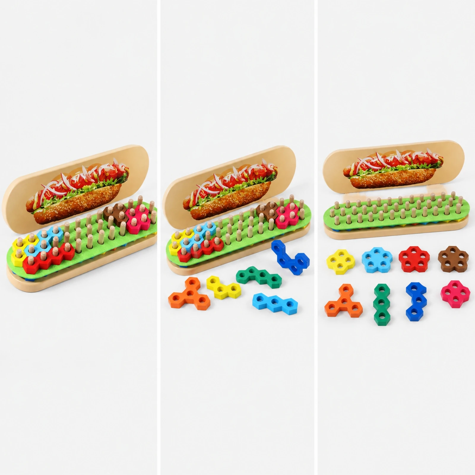 jeu-de-puzzle-en-bois-avec-pieces-a-encliquer-puzzle-interactif-sur-le-theme-des-hot-dogs-tableau-d'apprentissage-geometrique-avec-boutons-pour-la-reconnaissance-des-couleurs