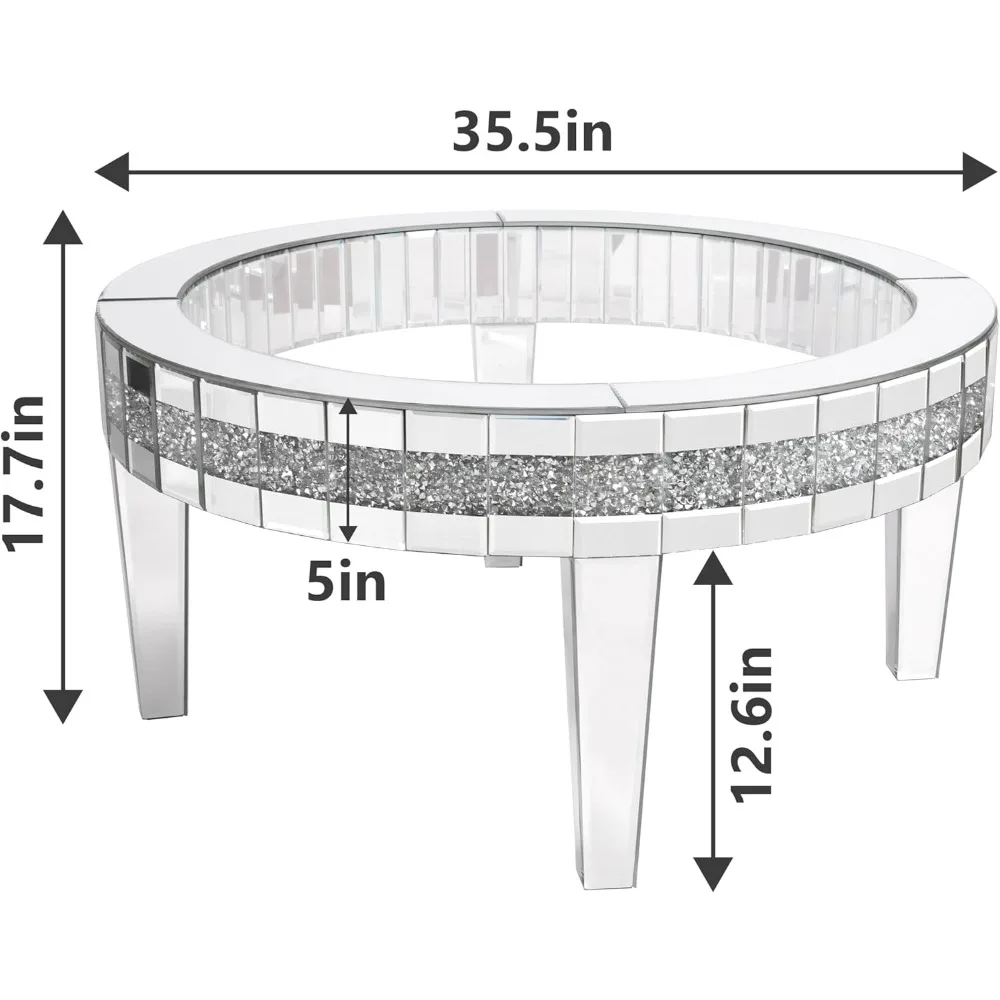 35.5-inch Mirrored Circular Coffee Table, Suitable for Living Rooms, Modern Glass Coffee Tables, Inlaid with Crystals