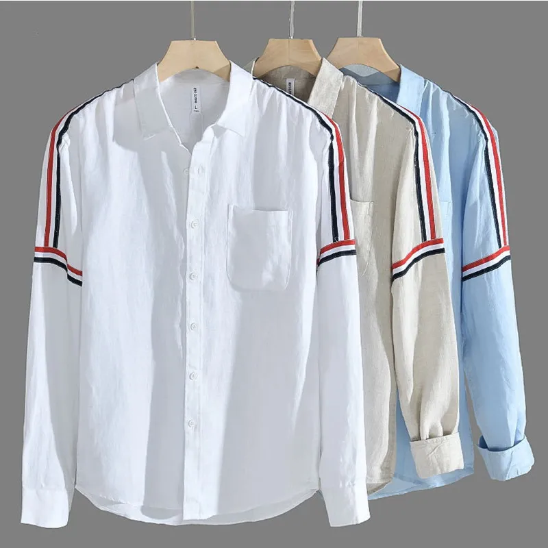 100% Linen Luxury Men\'s Clothing Shirts Japanese Korean Popular Clothes Stripe Loose Handsome Casual Tops