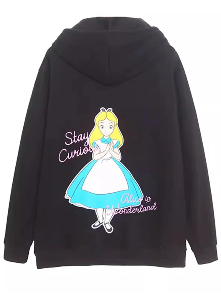 Disney Sweatshirt Alice im Wunderland Prinzessin Cartoon Print Stickerei Mode Frauen Kapuze Pullover Langarm Fleece Top Femme