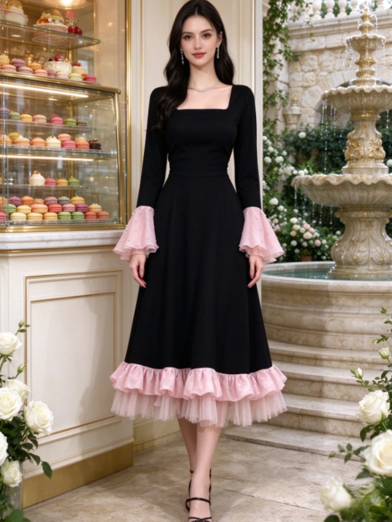 Customized Exquisite Black Pink Two Tone Square Neck Flare Sleeve Ruffle Evening Dresses 2026 New Elegant tea Length Prom Dress