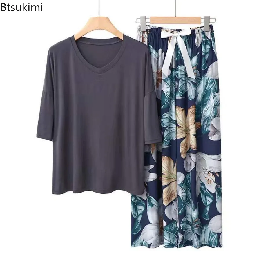 2026 السيدات الصيف مشروط القطن منامة دعوى بسيطة الأزهار بيجامة مجموعات النساء قصيرة الأكمام بلوزات وسراويل قطعتين مجموعة Homewear #6