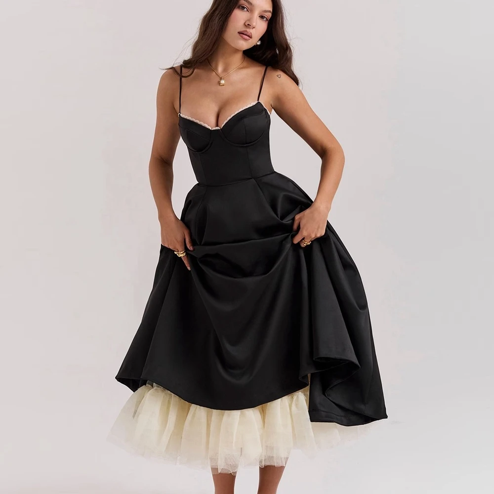 

Sexy Satin A Line Formal Party Dresses Puffy Mesh Tea-length Evening Prom Gowns Tulle Ruffles Taffeta Celebrity Pageant Dress