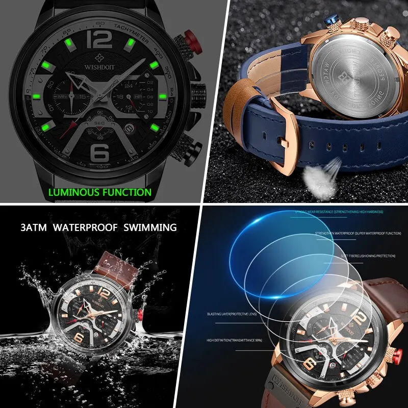 WISHDOIT Original Watch for Men Waterproof Stainless Steel Leather Strap Quartz Fashion Sport Chronograph Wristwatch Top Brand