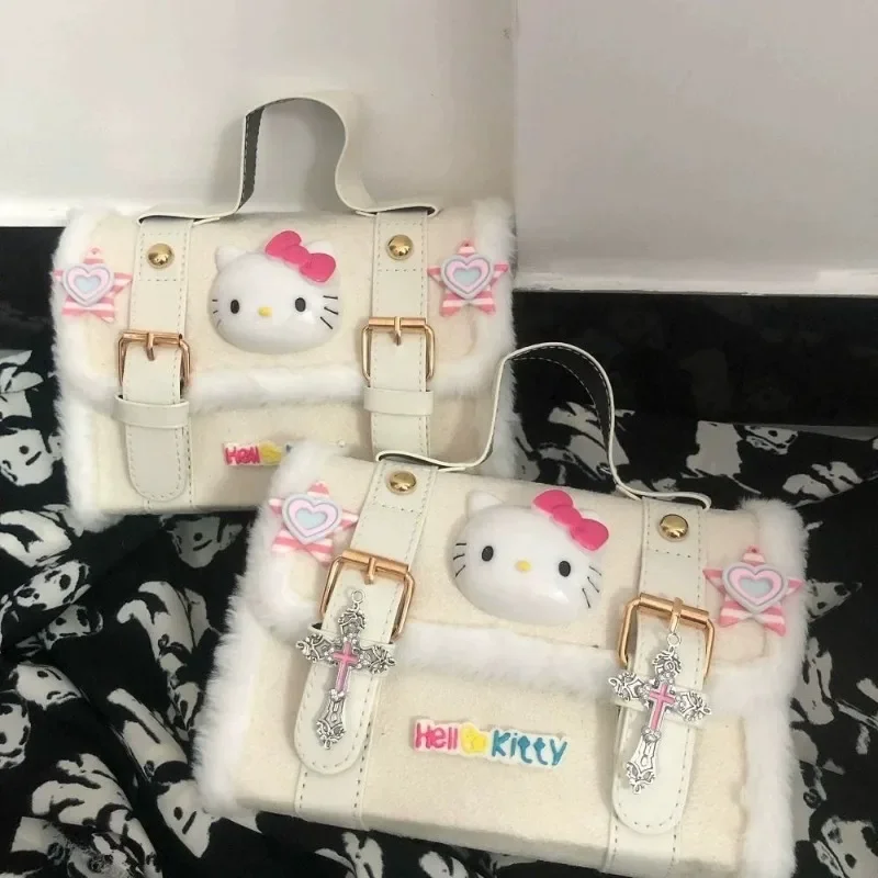 Sanrio-Bolso de mano de piel sintética para chica, bandolera sencilla de Hello Kitty, bolso de hombro cuadrado Kawaii, regalo de cumpleaños, Y2K
