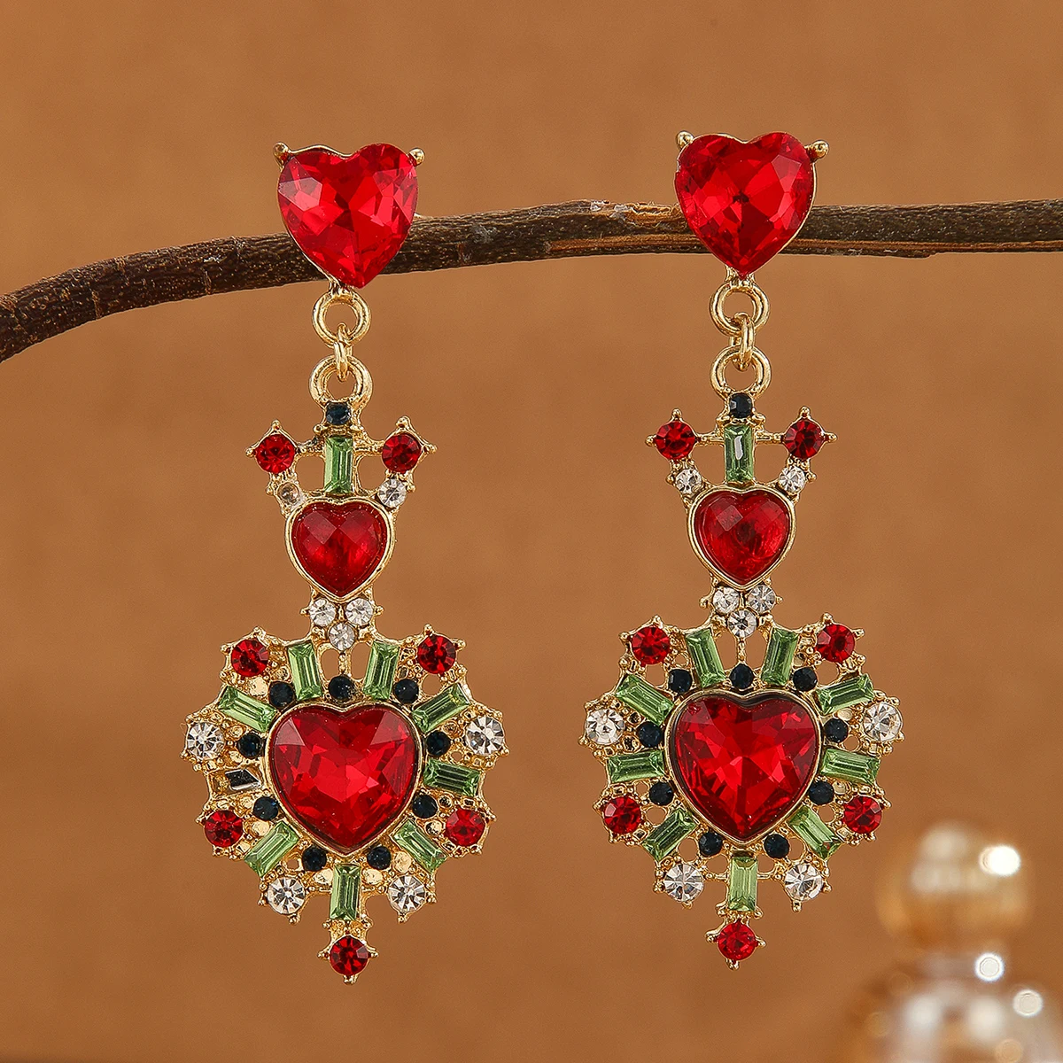 1pair Romantic Lovely Shiny Red  Heart Rhinestone Dangle Earrings，For Women Trendy Valentine\'S Day Gift，Daily Decoration