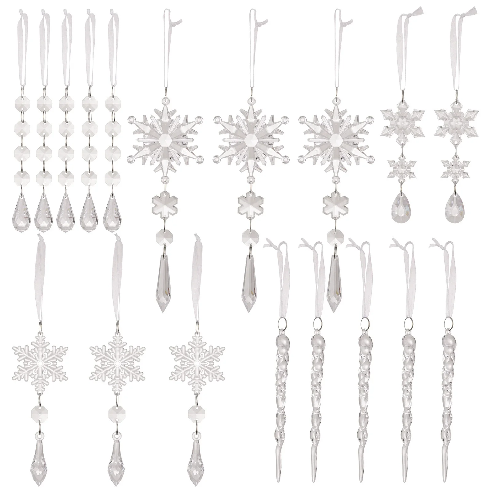 

18PCS Christmas Tree Ice Pick Hanging Set Decoration Xmas Crystal Pendant Decorations Christmas Snowflake Strip Pendant Ornament