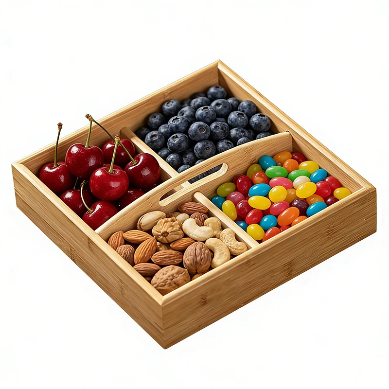 

Divided Serving Tray Bamboo Snack Tray 4 Compartments Nuts Candy Veggies Fruits Platter Snack Organizer Food Tray for Party