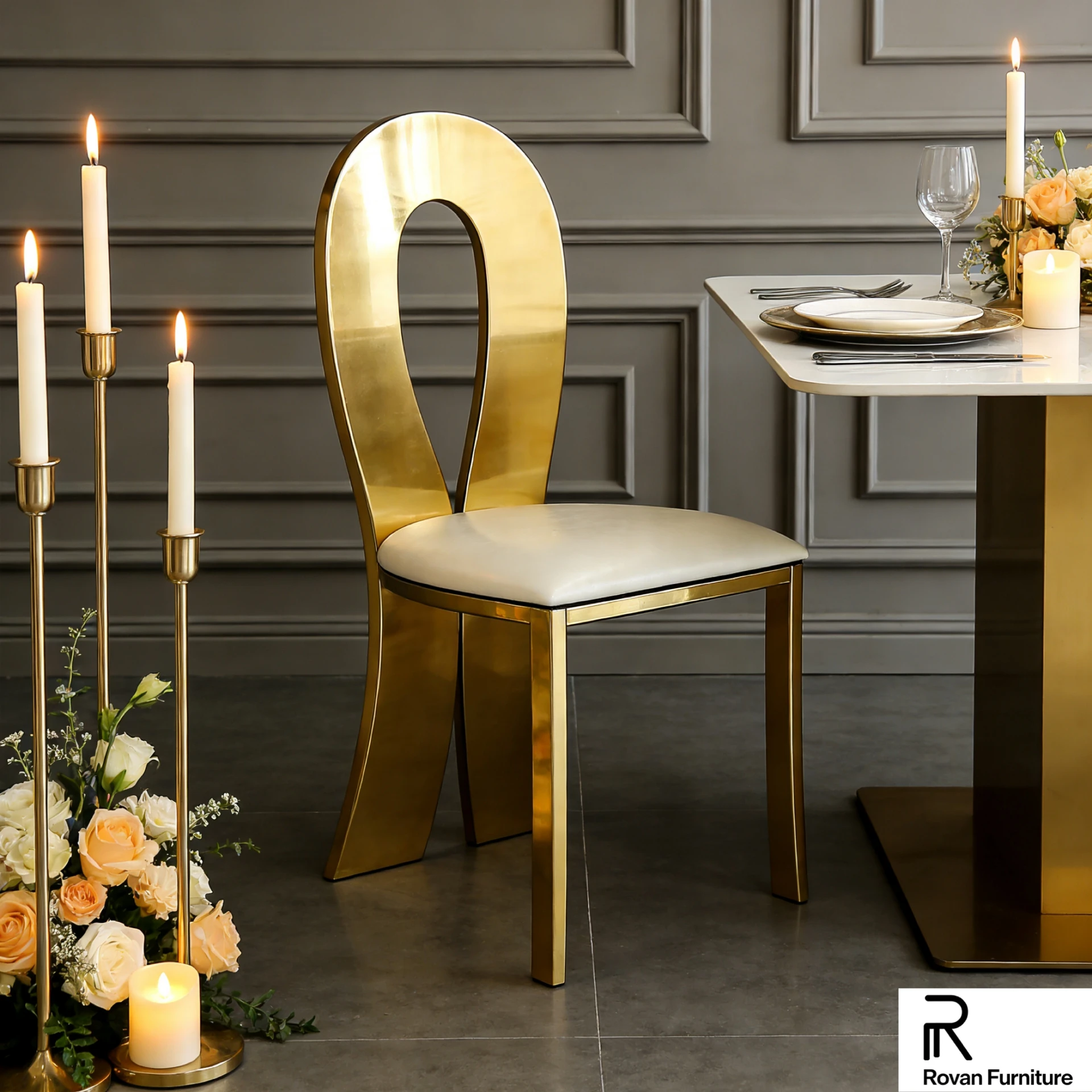 Modern Gold Stainless Steel Dining Chair Unique Hollow Oval Cutout Backrest Luxury Wedding Event Chair