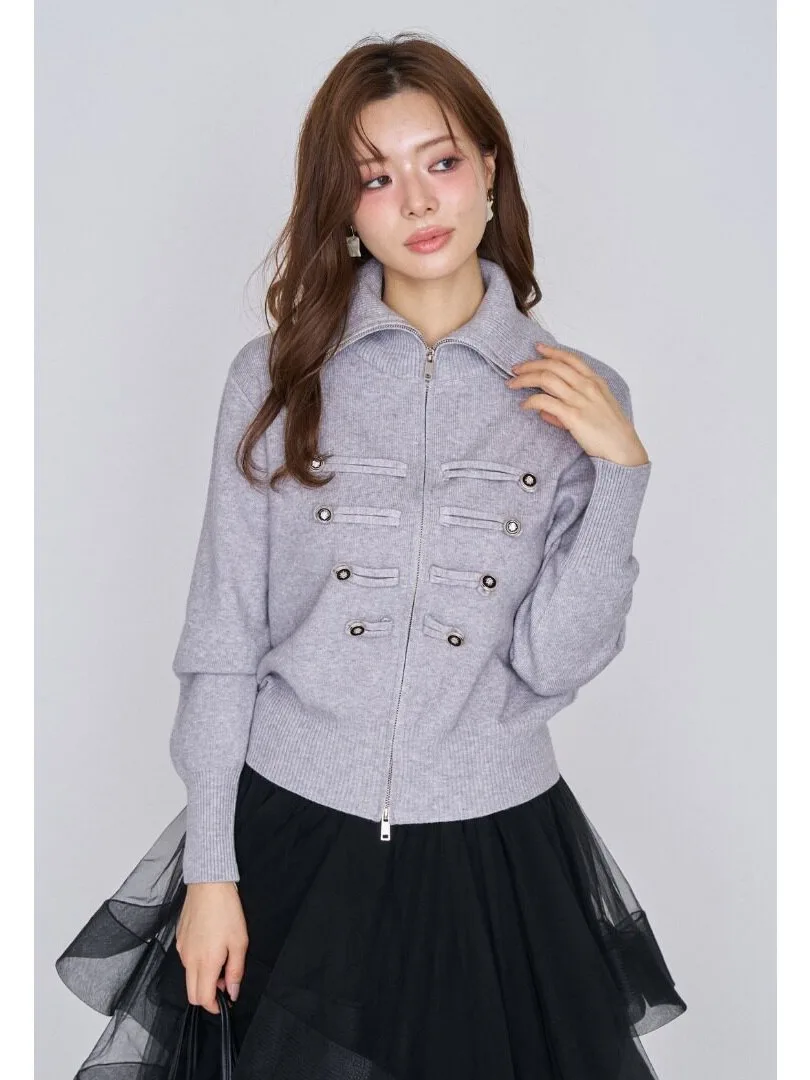 Korean Style Napoleon Grey Knitted Open Cardigan Women's Autumn Winter New High-End Zipper Sweater Jacket Navy Neck Design