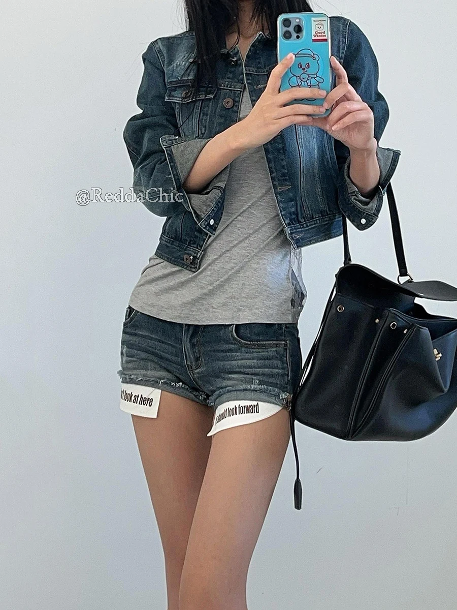 REDDACHiC Summer Visual Pockets Denim Shorts Women Vintage Wash Raw Hem Ripped Low Rise Slim Stretchy Jean Shorts Y2k Streetwear
