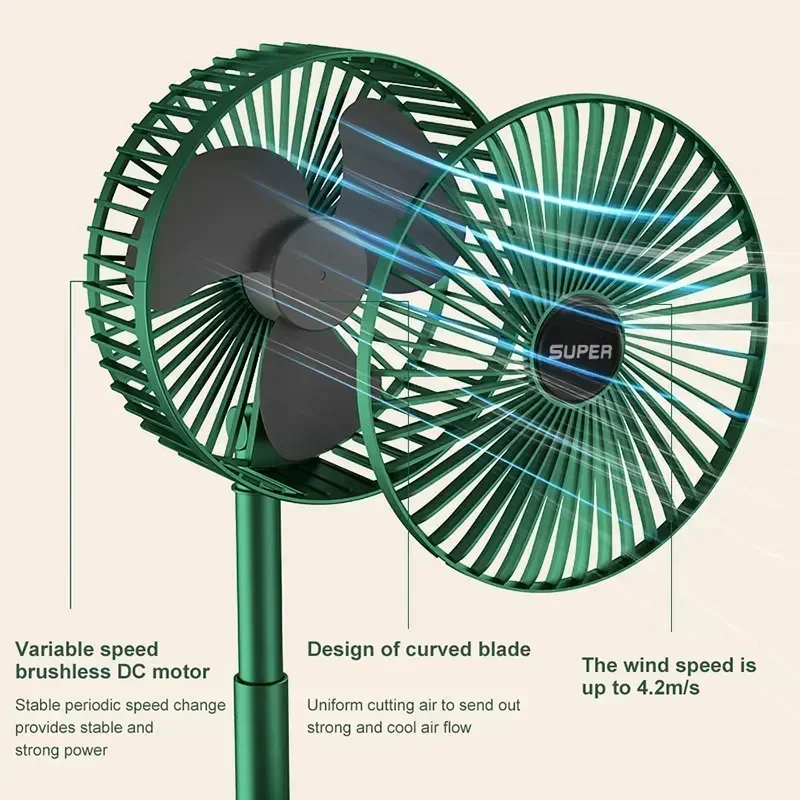 무선 무소음 선풍기 휴대용 USB 충전식 접이식 텔레스코픽 바닥 선풍기, 저소음 고배터리 수명 3 단 야외 캠핑 선풍기