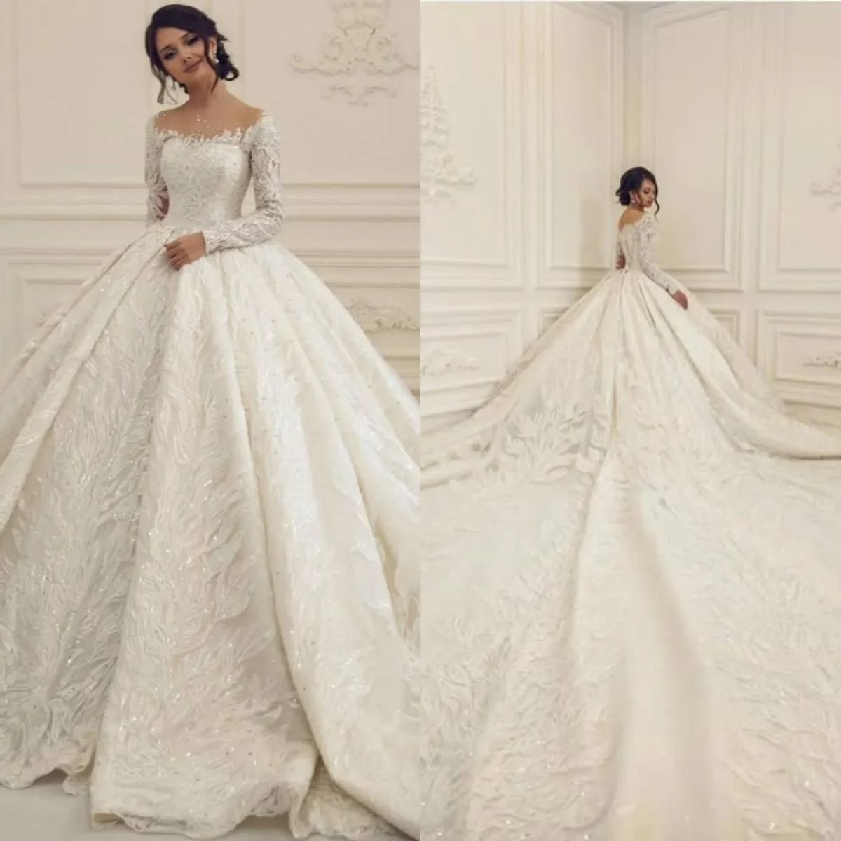 

Свадебное платье на заказ белого цвета с круглым вырезом, длинными рукавами, жемчужными пайетками, кружевными аппликациями и юбкой А-силуэта (Vestido De Novia)