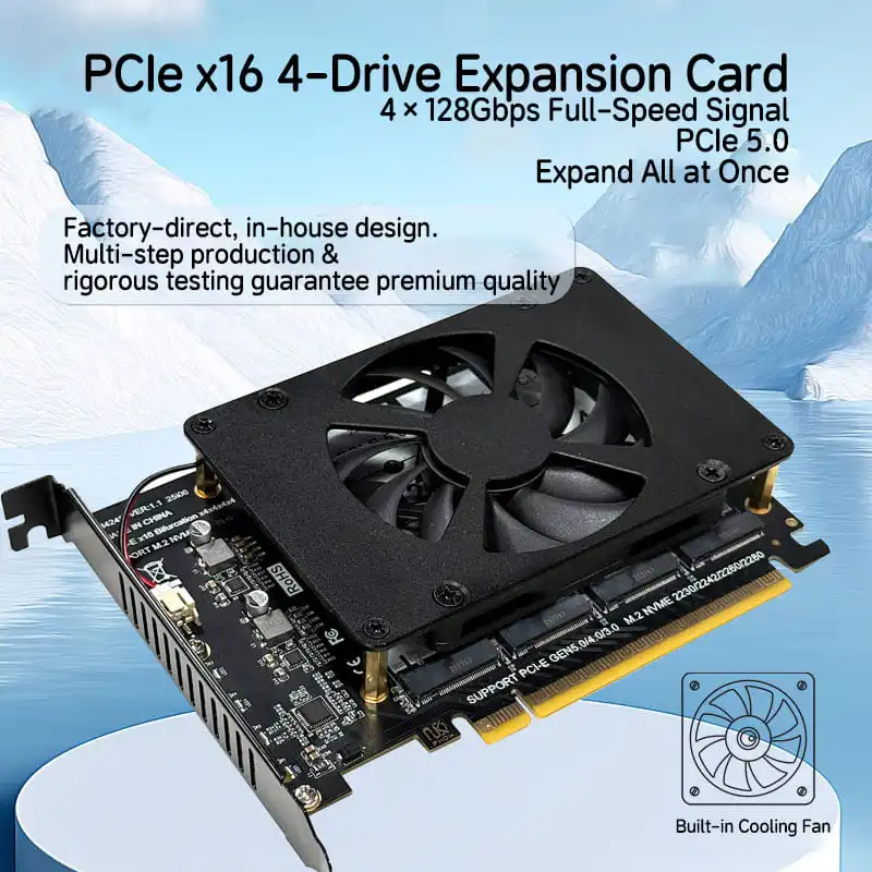 

Карта-разветвитель PCIE 5.0 на 4 порта M.2 M-KEY с поддержкой M.2 NVME SSD/M.2 PCIE устройств, 4x128 Гбит/с, с охлаждающим вентилятором и кронштейном