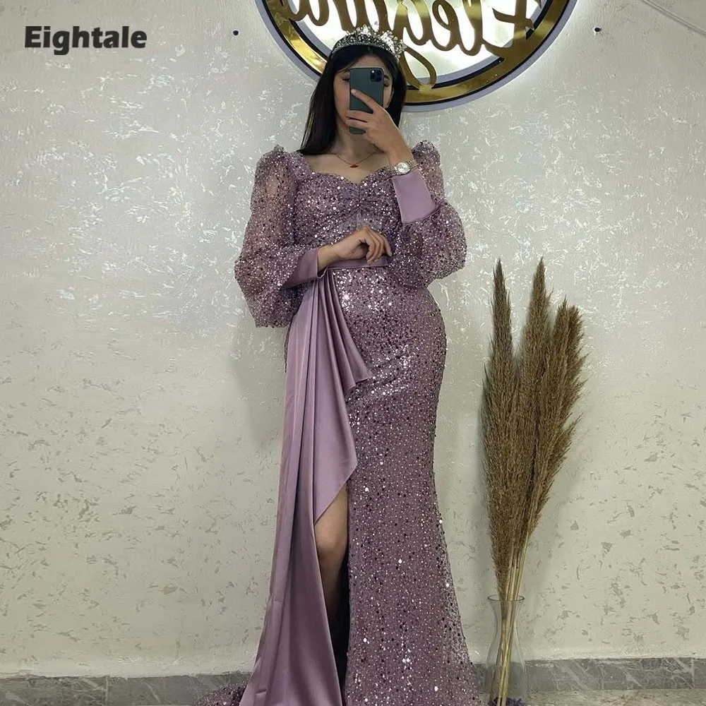 

Eightale Luxury Evening Dresses Long Sleeves Sequin Mermaid Prom Gown Purple Side Slit Customized Wedding Party Dress