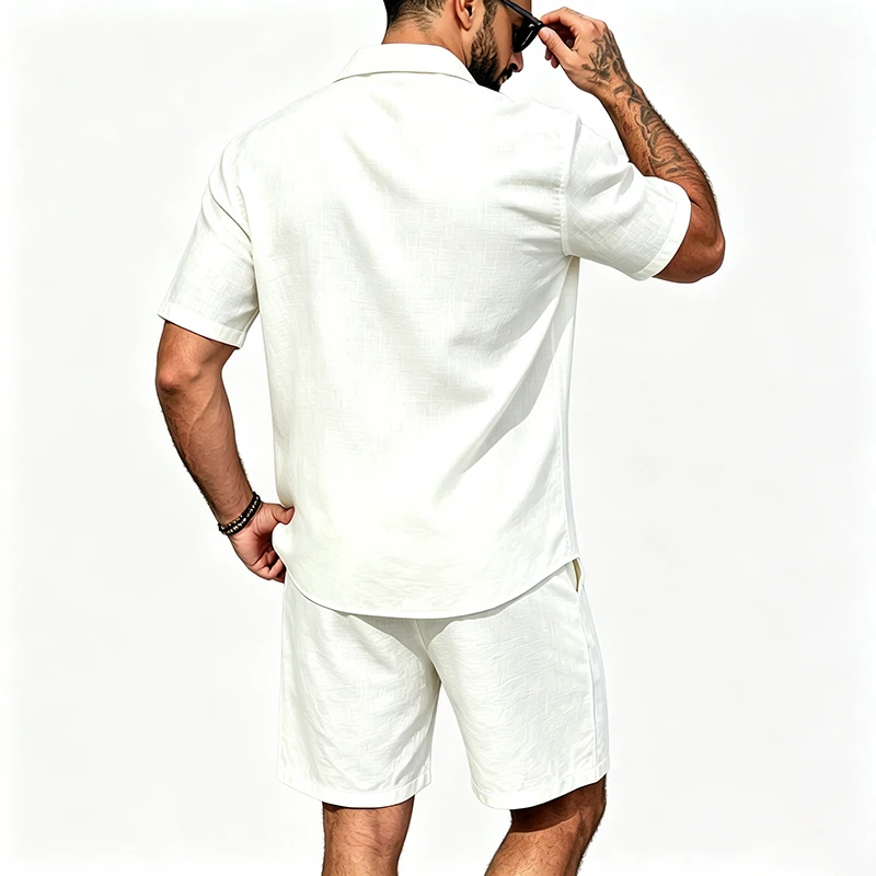 Men Linen Two Piece Outfit Short Sleeve Lapel Button Shirt Elastic Drawstring Shorts Summer Daily Seaside Vacation Casual Set view 3