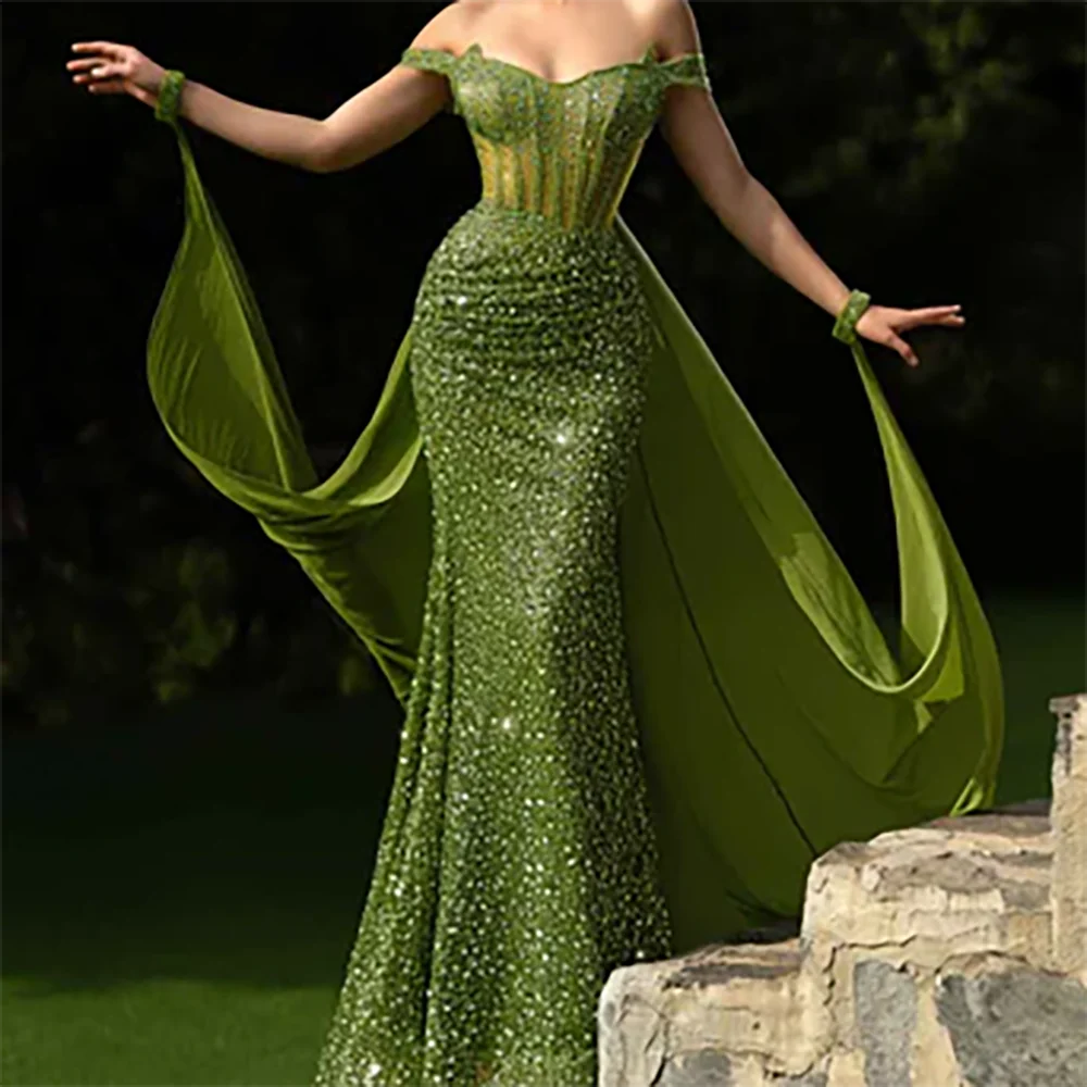 

Elegant Off Shoulder Sequined Beading Sleeveless Mermaid Formal Evening Dresses Birthday Party Prom Gowns Customized