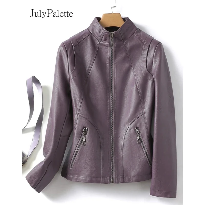 Julypalette Fashion Stand Collar Short Leather Jacket for Women 2024 Spring Autumn Slim Zipper Female Sheepskin Jacket Coat