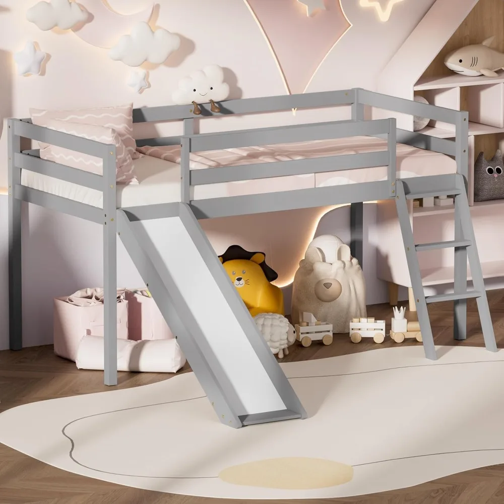 Low Loft Bed with Slide, Wood Twin Loft Bed Frame with Climbing Ladder & Storage Space for Kids Toddler